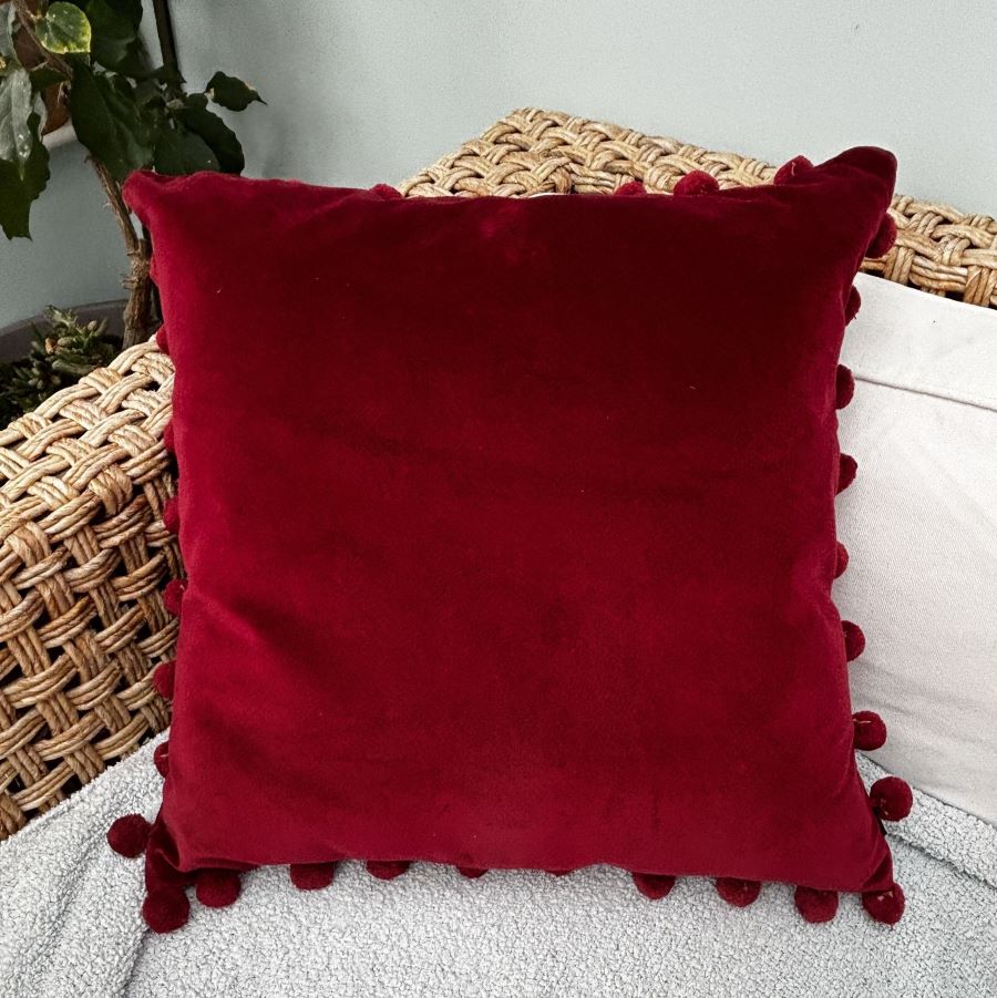 ARABELLA RUBY RED POMPOM CUSHION