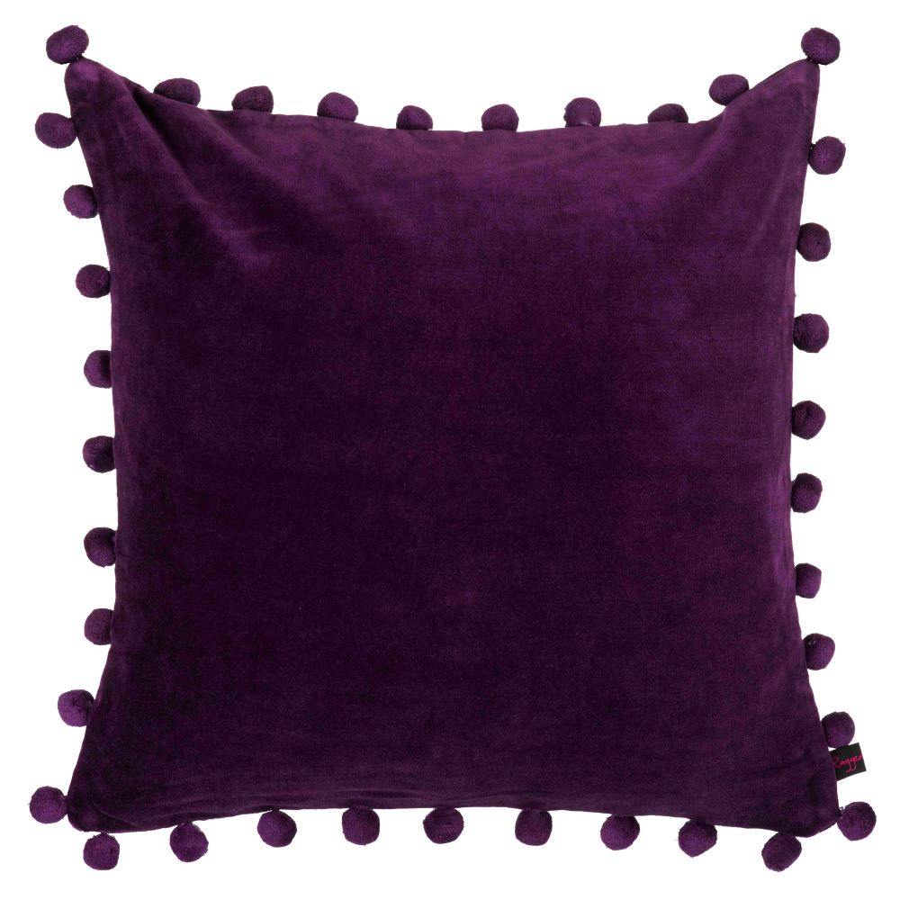aubergine velvet pompom cushion