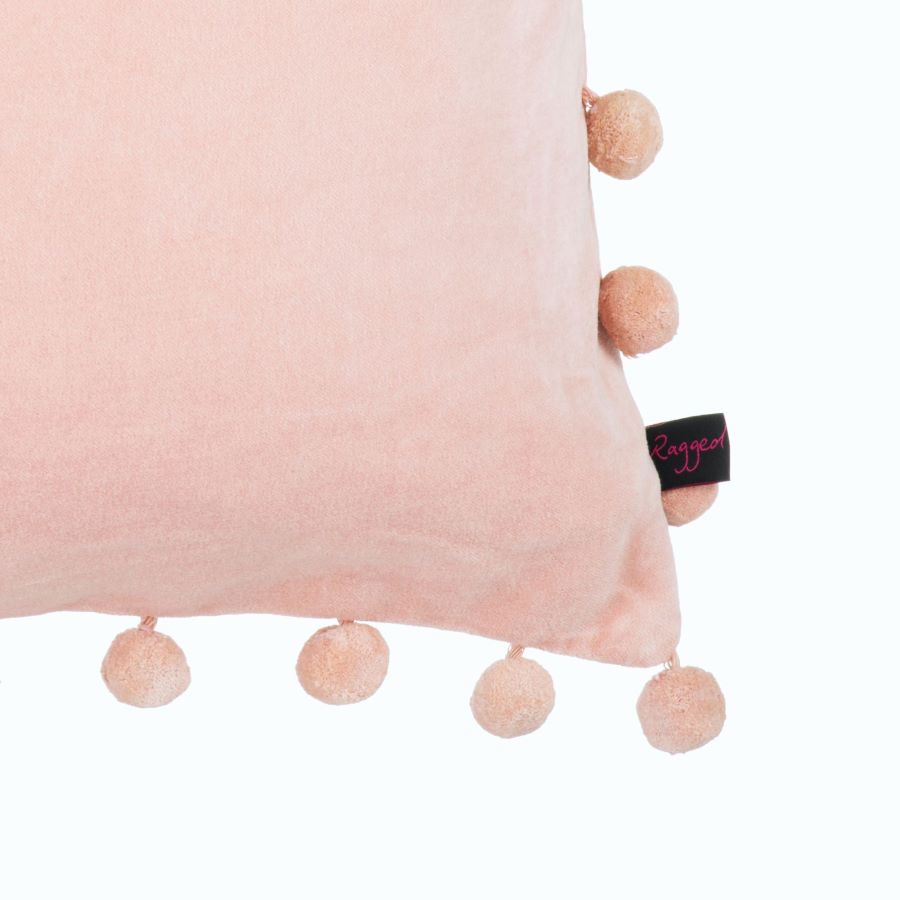 blush pink velvet pompom cushion