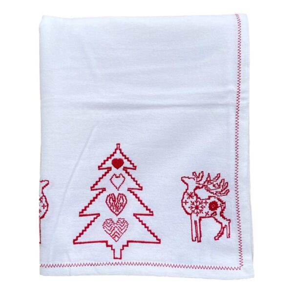 white embroidered Christmas tablecloth