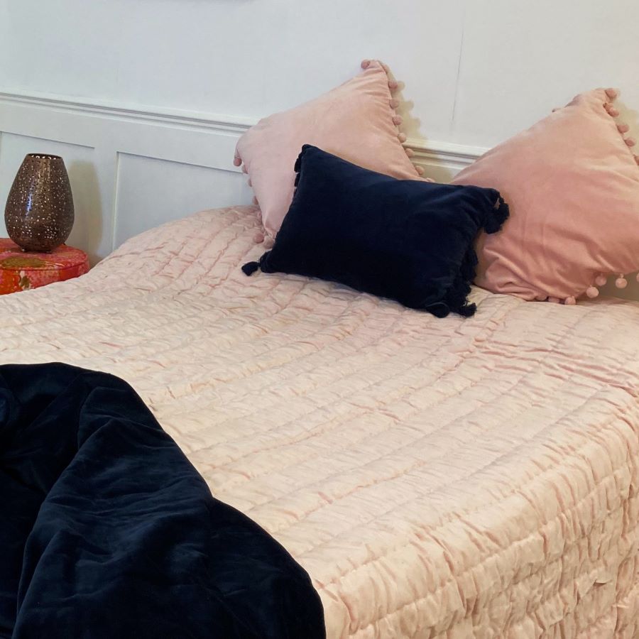 blush pink velvet pompom cushion