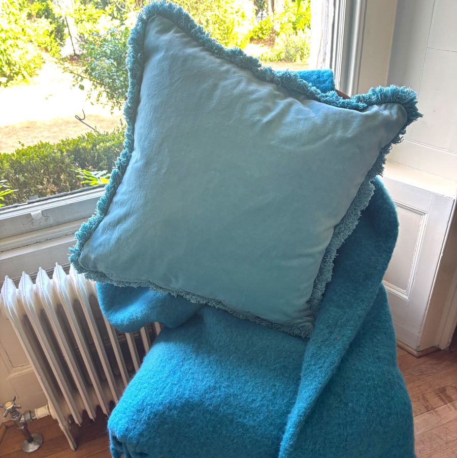 felicity duck egg blue fringe cushion