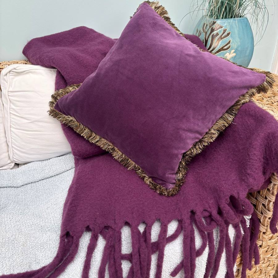 aubergine fringe velvet cushion