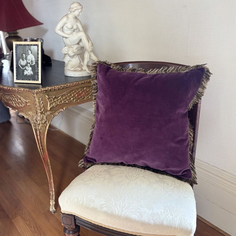 aubergine fringe velvet cushion