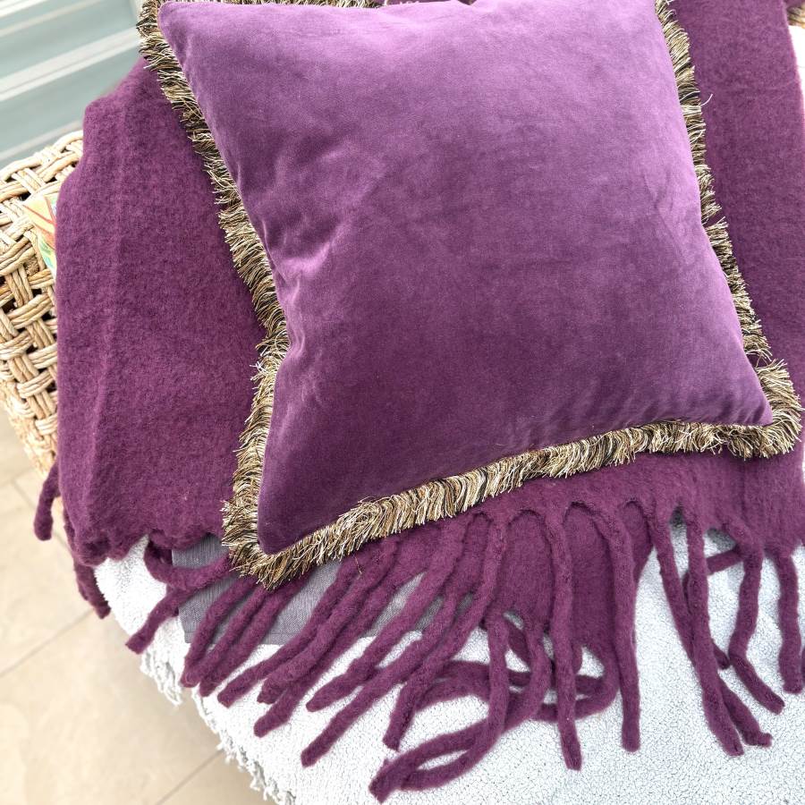 aubergine fringe velvet cushion
