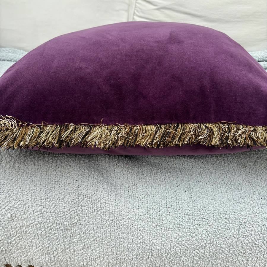 aubergine fringe velvet cushion