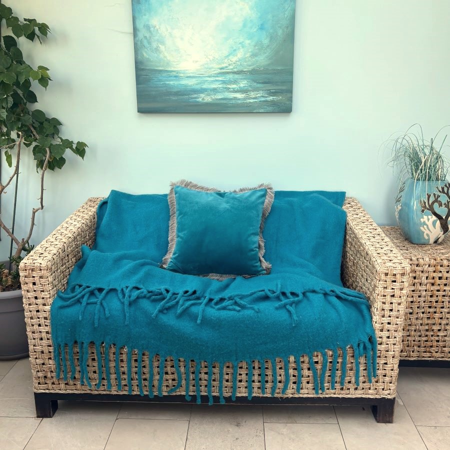 teal velvet fringe cushion