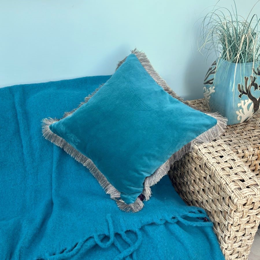 Felicity Teal Velvet Fringe Cushion - Image 2