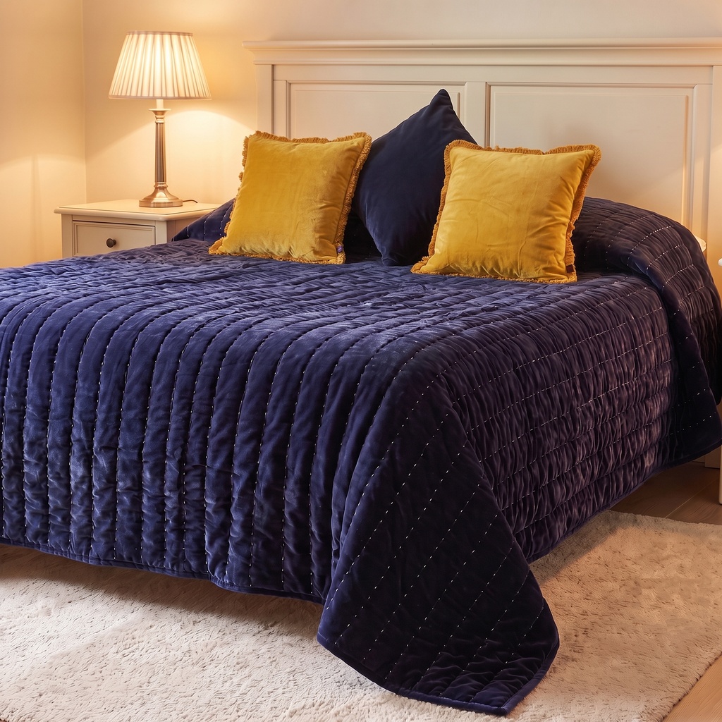 navy bedspread and gold velvet cushions